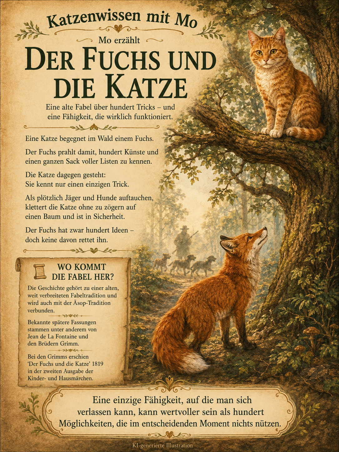 Der Fuchs und die Katze – eine alte Fabel über hundert Tricks und eine Fähigkeit, die funktioniert