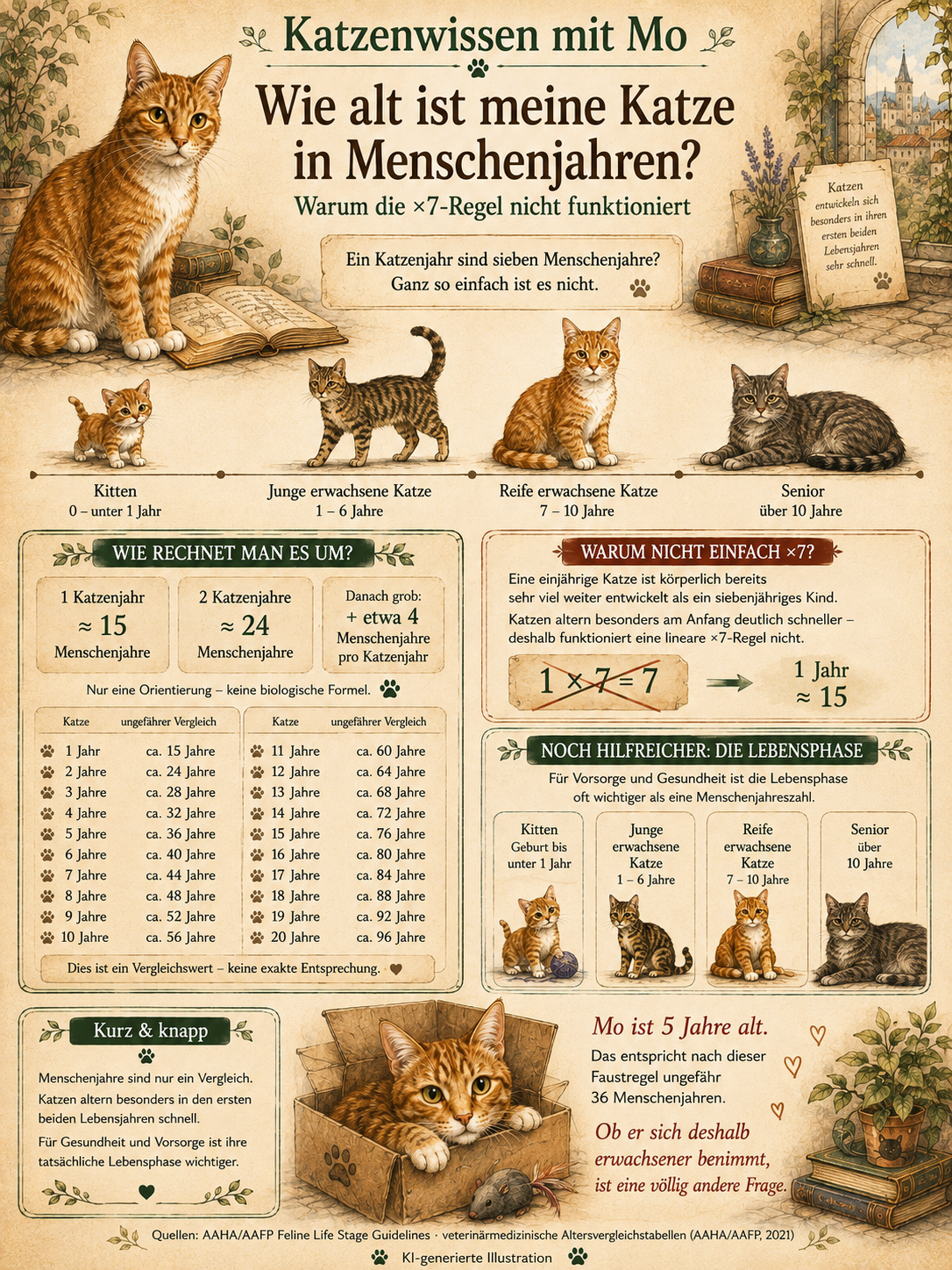 Wie alt ist meine Katze in Menschenjahren? Warum die ×7-Regel nicht funktioniert