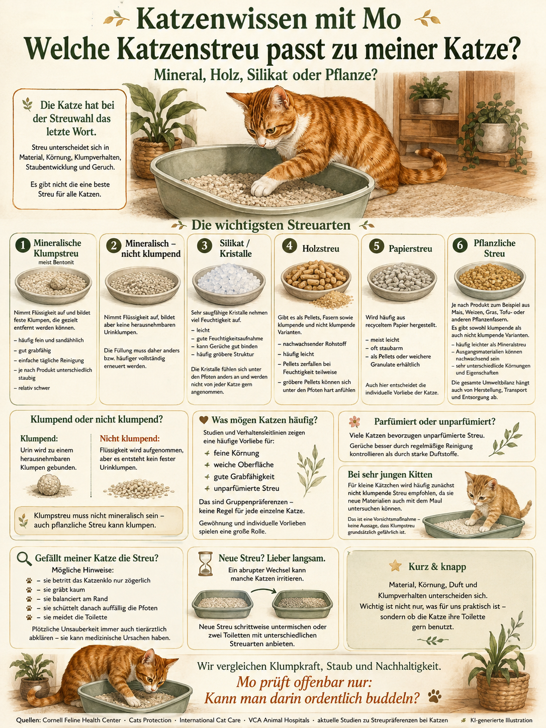 Welche Katzenstreu passt zu meiner Katze? Mineral, Holz, Silikat oder Pflanze?