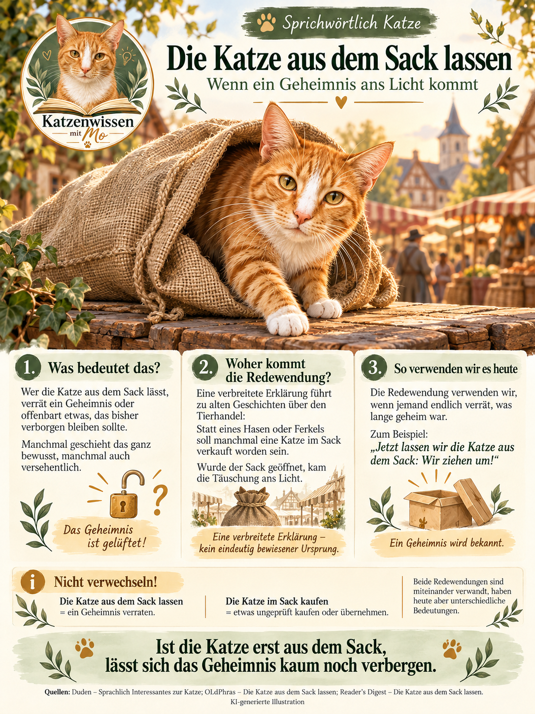 Die Katze aus dem Sack lassen 🐈 | Bedeutung & Herkunft der Redewendung